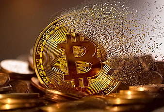 Golden Bitcoin Coin Disintegrating into Digital Particles