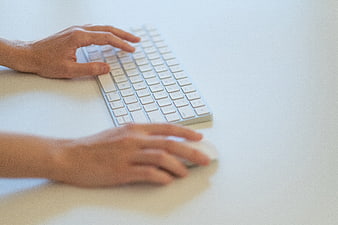 Hands Typing on White Keyboard and Mouse on Desk