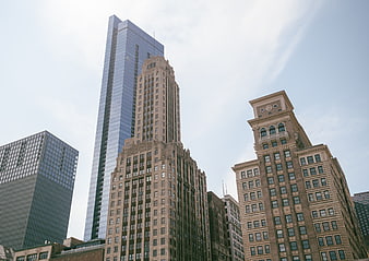 Low angle view of Chicago skyscrapers and architecture