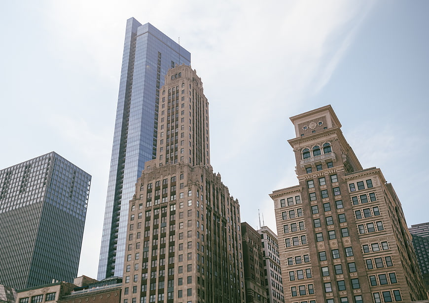 Low angle view of Chicago skyscrapers and architecture