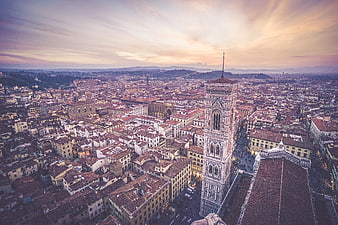 Aerial View of Florence Cathedral Bell Tower at Sunset