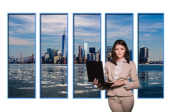 Professional Business Woman with Laptop in Front of New York City Skyline Windows