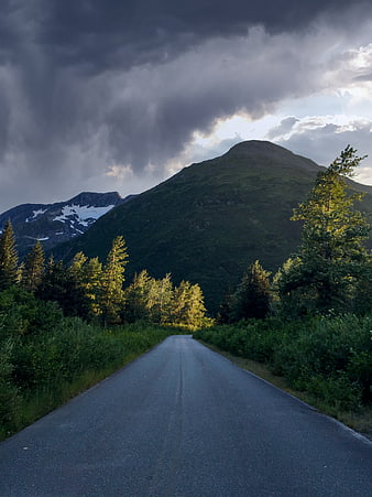 Dramatic Mountain Road with Stormy Sky and Sunlit Trees