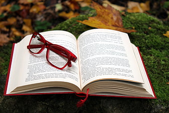 Open book with red glasses on mossy stone in autumn