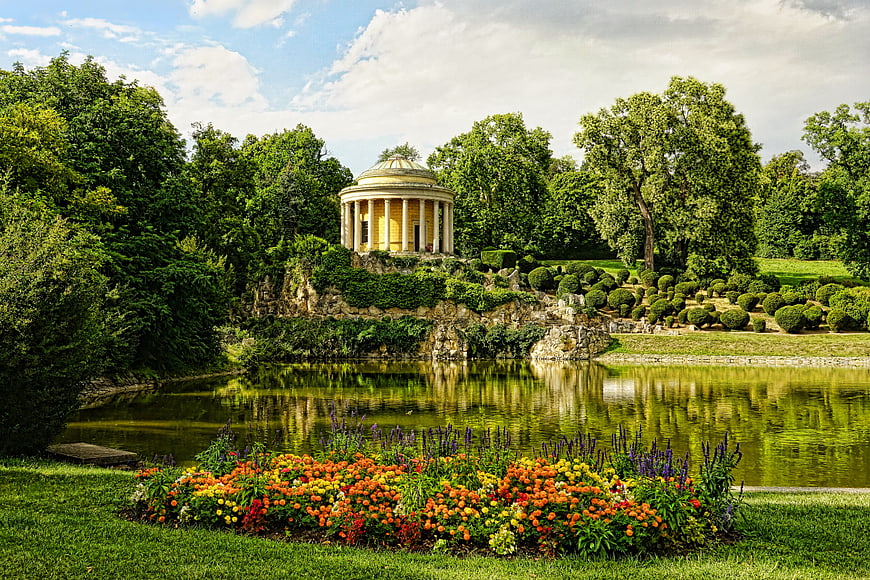 Leopoldinen Temple in Castle Park with Flower Bed and Pond