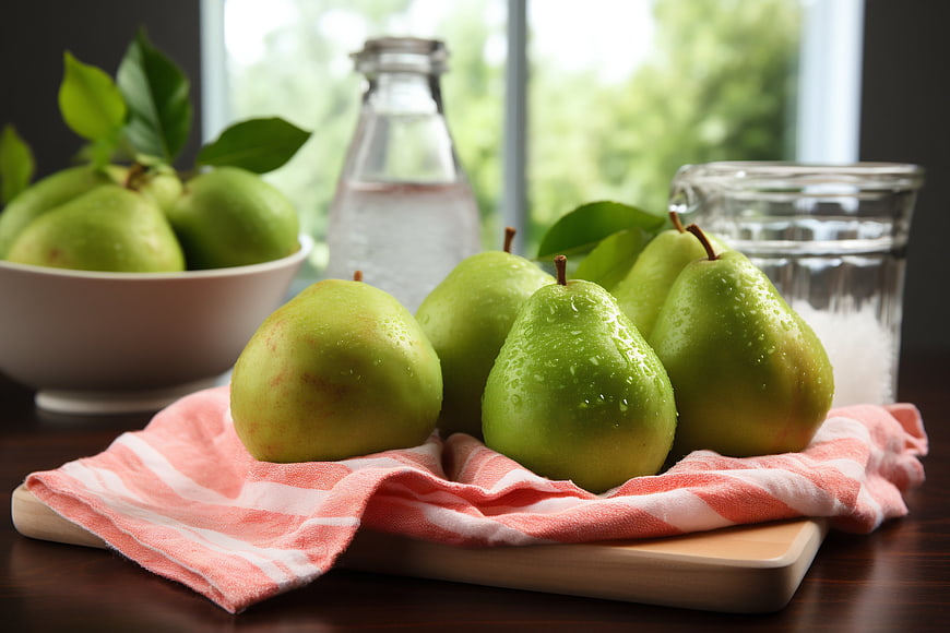 Fresh Green Pears on Wooden Board with Water