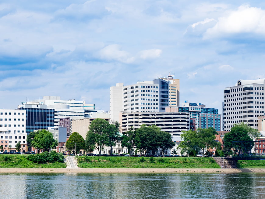 City Skyline Across River with Blue Sky