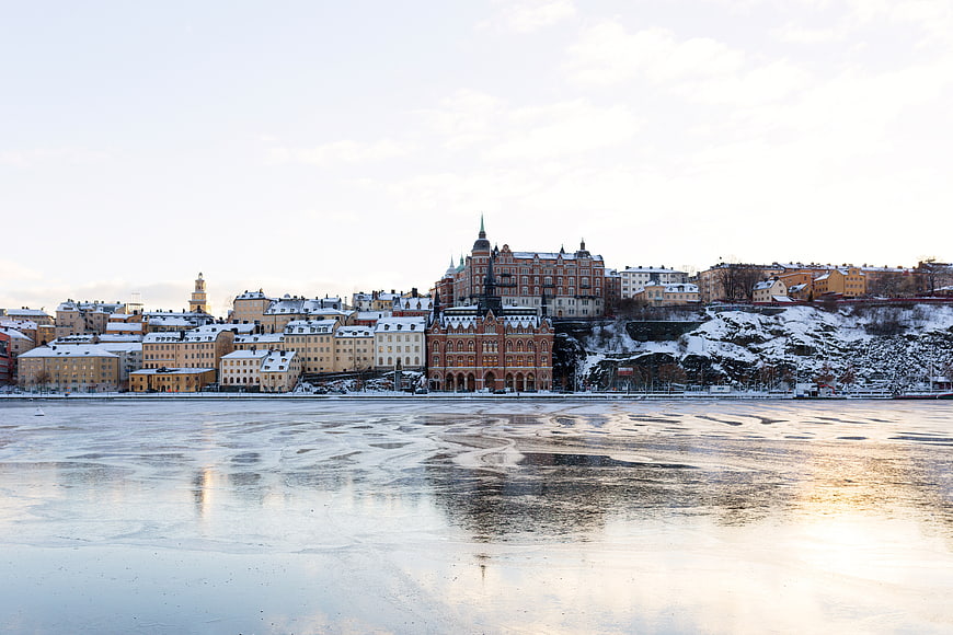 Helsinki skyline winter view across frozen bay