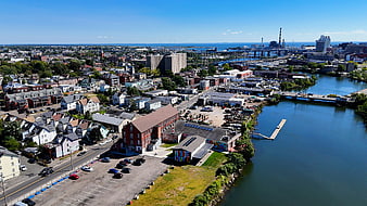 Aerial View of Bridgeport Connecticut Riverfront and Industrial District