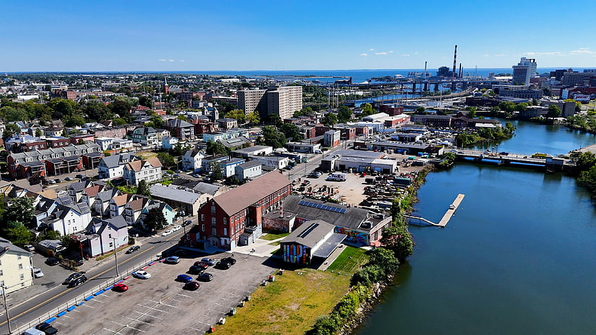 Aerial View of Bridgeport Connecticut Riverfront and Industrial District