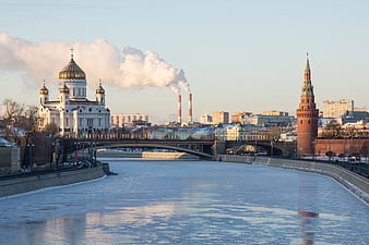 Moscow Kremlin and Cathedral of Christ the Saviour Winter Cityscape