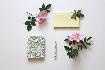 Flat lay of floral notebook, pencil, sticky notes, and pink roses on white background
