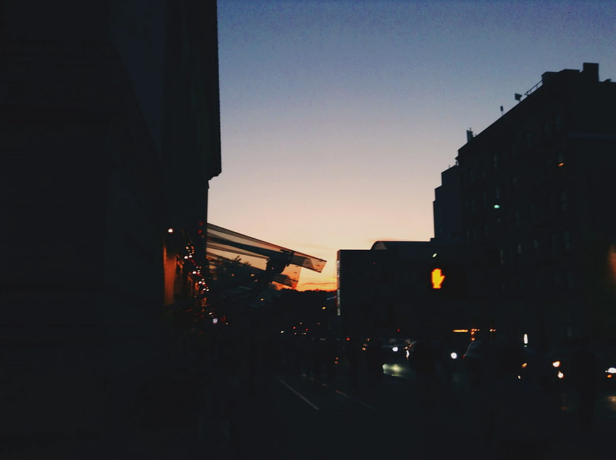 Silhouetted Brooklyn Street at Dusk with Traffic Lights