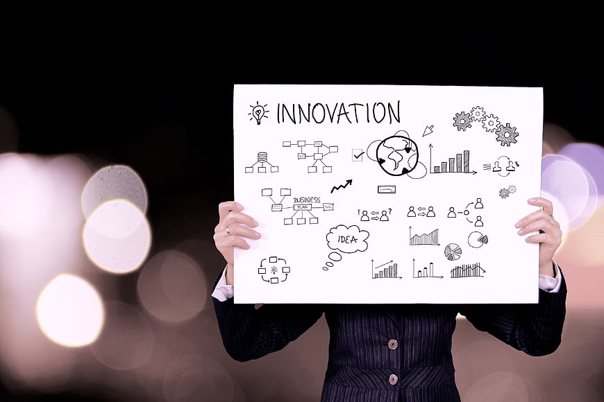 Businesswoman holding whiteboard with innovation sketches and charts