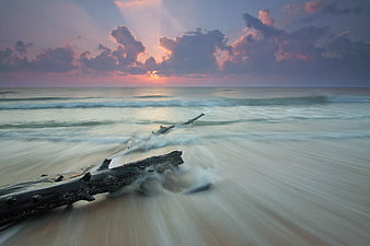Long Exposure Sunset Beach with Driftwood and Misty Waves