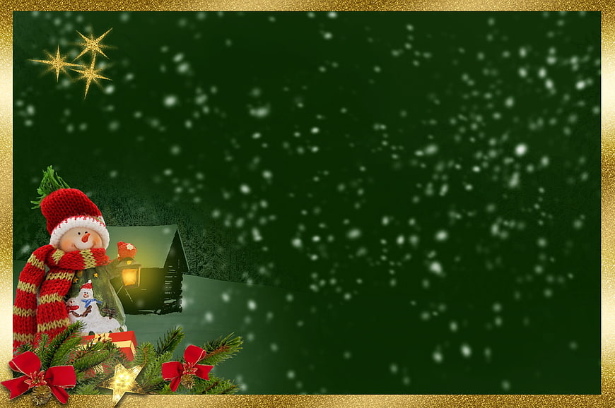 Festive Christmas Background with Snowman and Golden Border