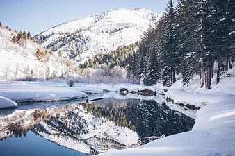 Serene Winter Mountain River with Snowy Forest Reflection