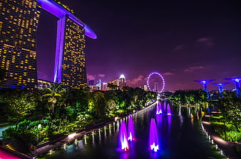 Marina Bay Sands and Gardens by the Bay Night Skyline