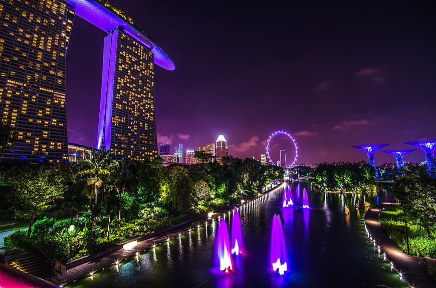Marina Bay Sands and Gardens by the Bay Night Skyline