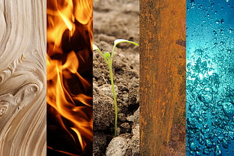 Five Elements Collage: Wood, Fire, Earth, Metal, and Water