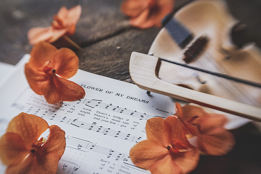 Vintage violin and orange orchids on sheet music