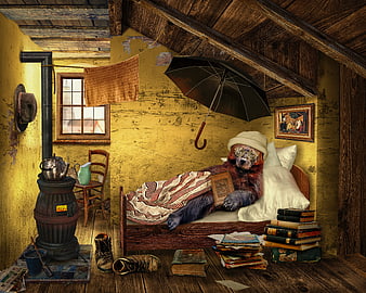 Anthropomorphic bear reading in rustic attic room