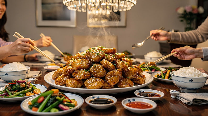 Family Sharing Chinese Sweet and Sour Chicken Dinner
