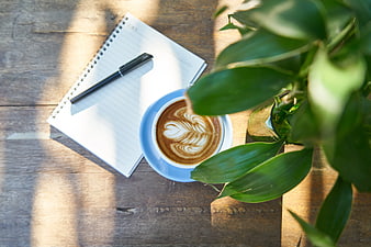 Flat lay of latte art coffee, notebook, and plant on wooden table