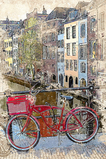 Red Bicycle Parked on Dutch Canal Bridge with Historic Architecture