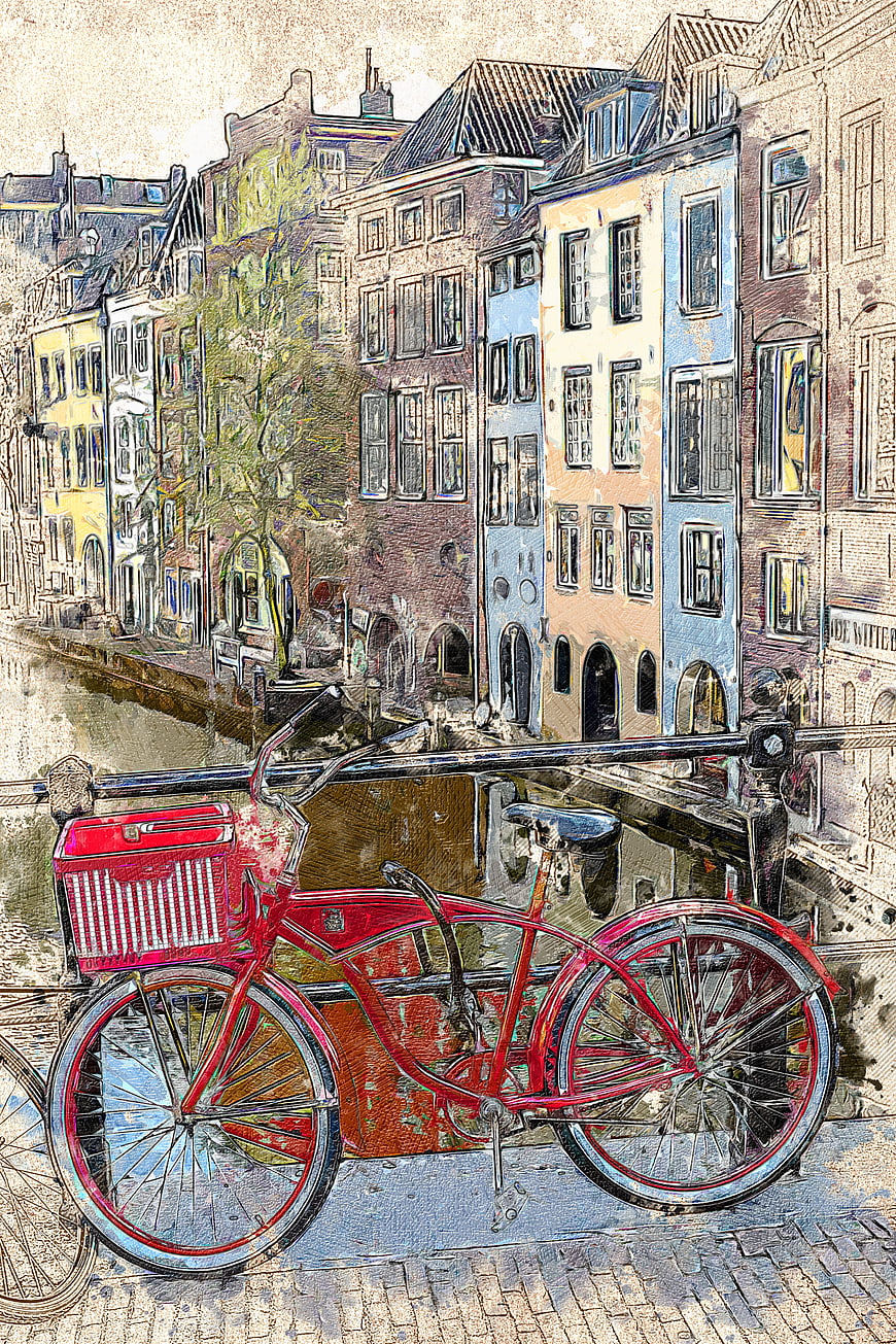Red Bicycle Parked on Dutch Canal Bridge with Historic Architecture