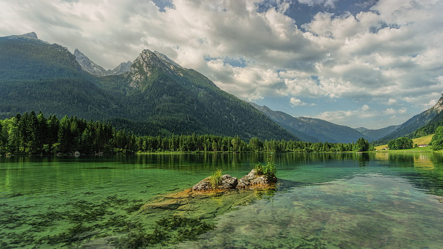Hintersee Lake Alpine Scenery With Mountain Reflections And Clear Water