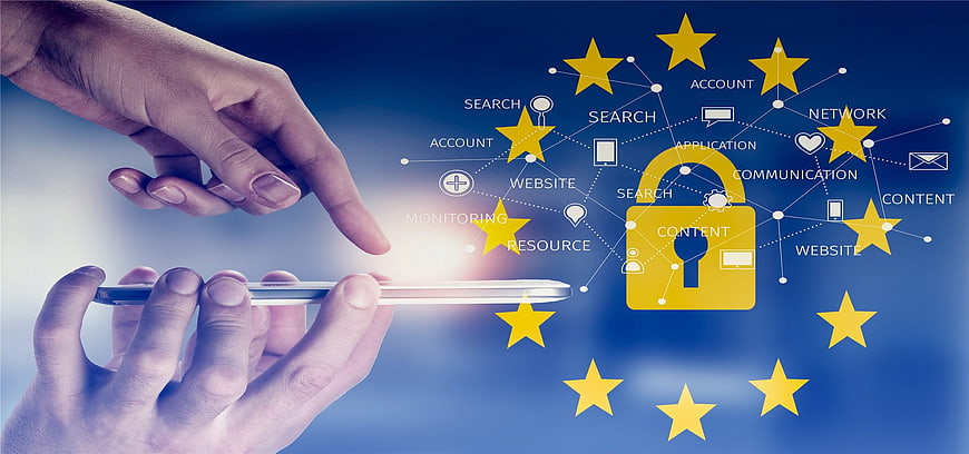 Hands holding smartphone with digital security network overlay