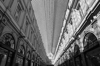 Black and white perspective of a grand shopping arcade