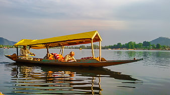 Traditional Shikara Boat With Yellow Canopy On Dal Lake Srinagar Kashmir