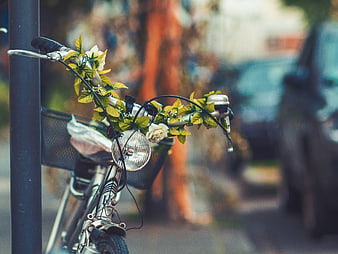 Vintage Bicycle with Floral Handlebar Decoration on Street