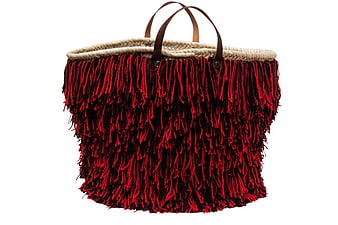 Handcrafted Red and Black Wool Fringe Basket with Leather Handles