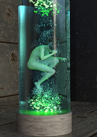 3D Render of Woman in Glowing Green Sci-Fi Cylinder