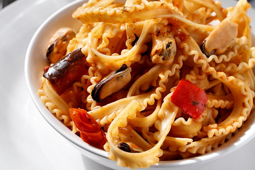 Close-up of Italian Pasta with Mussels and Tomatoes