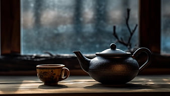 Rustic Teapot and Cup on Wooden Table by Window