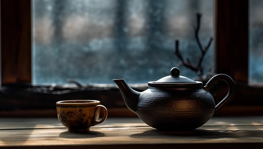 Rustic Teapot and Cup on Wooden Table by Window