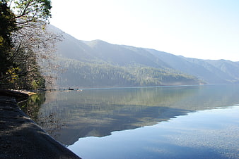 Serene Lake View with Forested Mountains and Wooden Dock