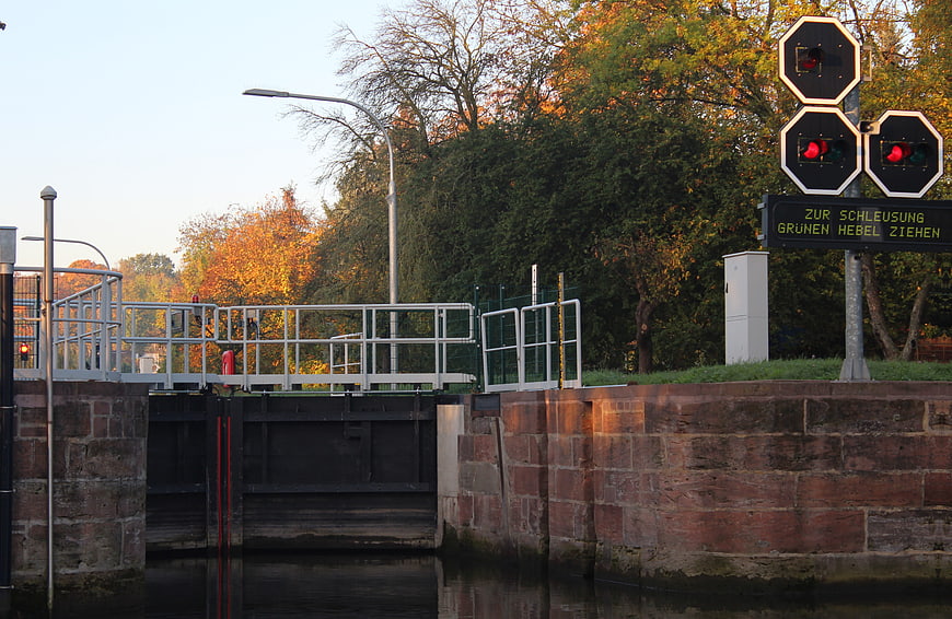 Canal Lock with Traffic Lights and Autumn Trees