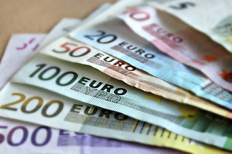 Stack of Euro banknotes in various denominations