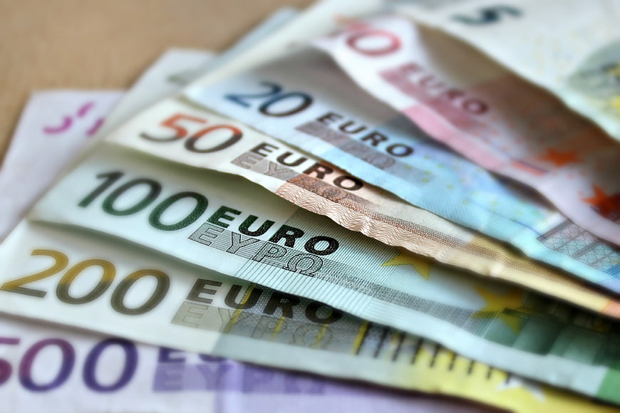 Stack of Euro banknotes in various denominations