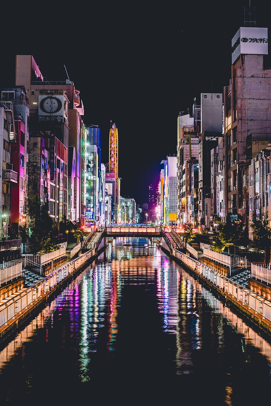 Night view of Osaka canal with neon lights and reflections
