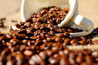 Roasted Coffee Beans Spilling from White Ceramic Cup