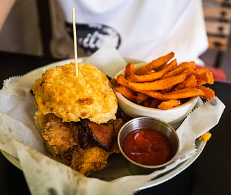 Fried Chicken Biscuit Sandwich with Sweet Potato Fries
