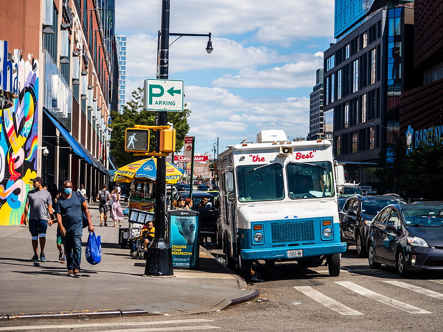 Ice Cream Truck on Busy Brooklyn Street with Pedestrians