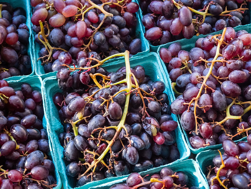 Fresh purple grapes in blue cardboard boxes at market