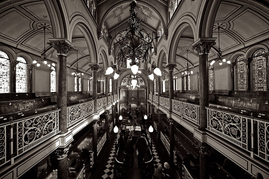 Interior of historic Brighton Synagogue with ornate columns